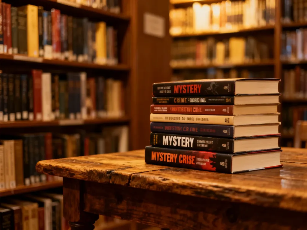 Stos książek kryminalnych na drewnianym stole w przytulnej bibliotece, podkreślający atmosferę literatury tajemnic.