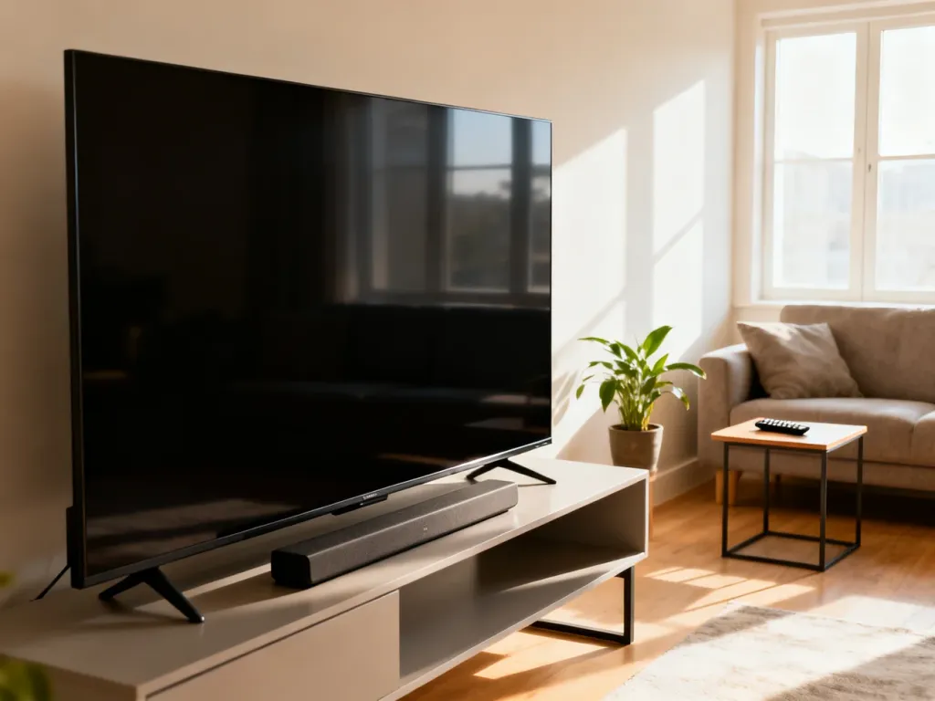 Nowoczesny salon z wyeksponowanym 65-calowym telewizorem na minimalistycznej szafce i soundbarem, w jasnym, przytulnym wnętrzu.