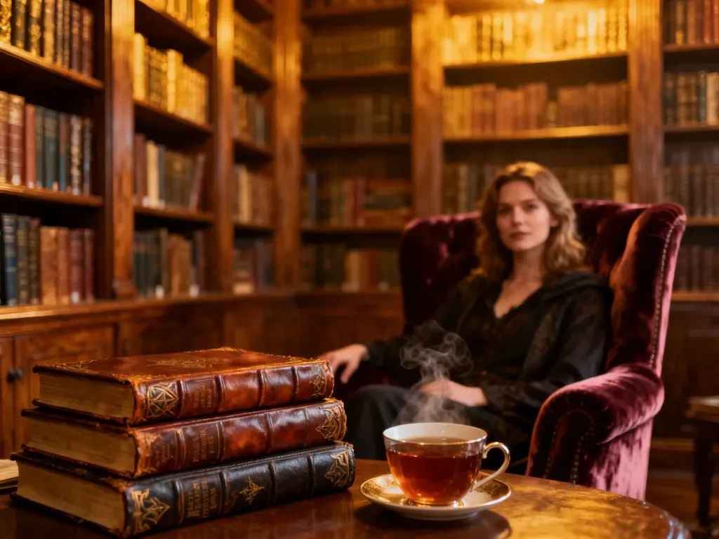 Kobieta czytająca książkę w przytulnej bibliotece, otoczona regałami z literaturą fantasy i filiżanką herbaty.
