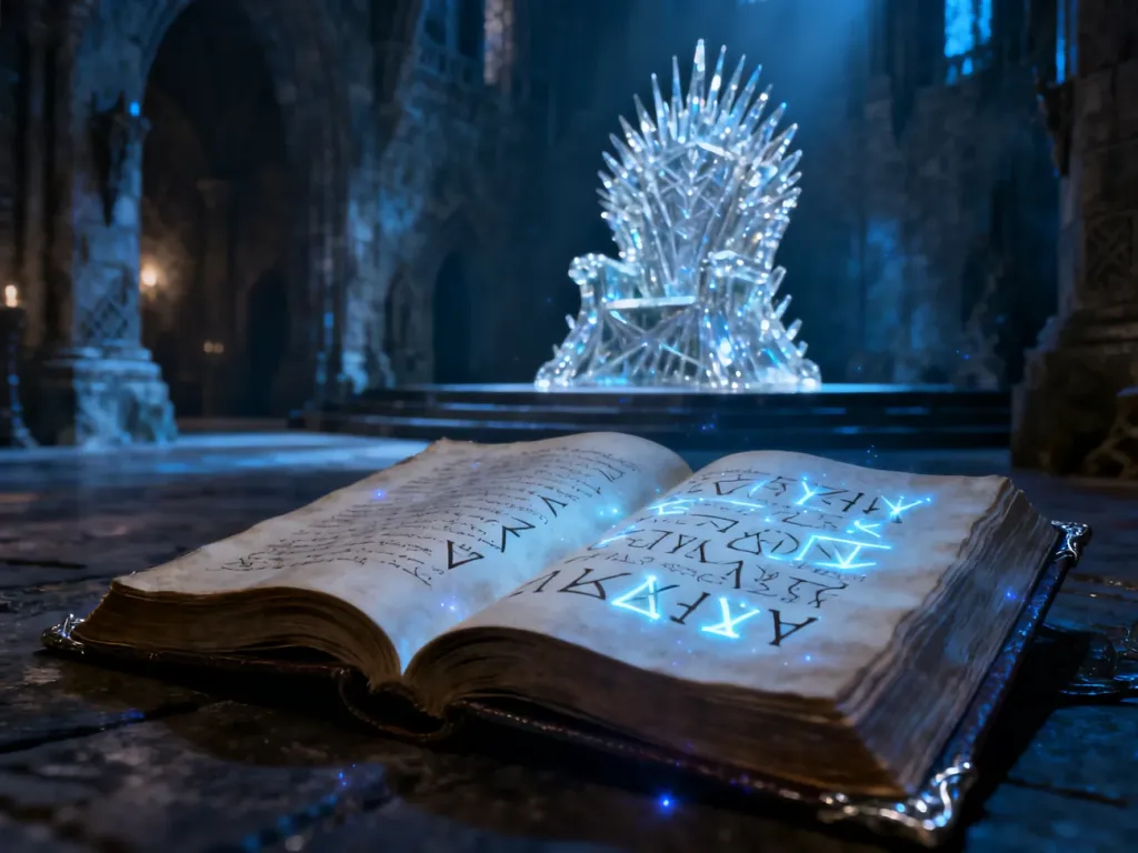 Otwarta księga z magicznymi runami na tle majestatycznego, szklanego tronu w mrocznej sali zamkowej.