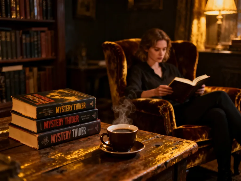 Kobieta czytająca thriller w przytulnej biblioteczce przy kawie, wprowadzająca w klimat tajemniczych powieści.